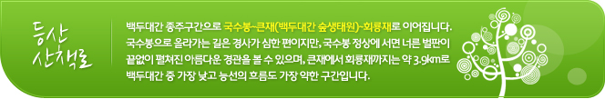 등산/산책로
백두대간 종주구간으로 국수봉~큰재(백두대간 숲생태원)~회룡재로 이어집니다. 국수봉으로 올라가는 길은 경사가 심한 편이지만, 국수봉 정상에 서면 너른 벌판이 끝없이 펼쳐진 아름다운 경관을 볼 수 있으며, 큰재에서 회룡재까지는 약 3.9km로 백두대간 중 가장 낮고 능선의 흐름도 가장 약한 구간입니다.